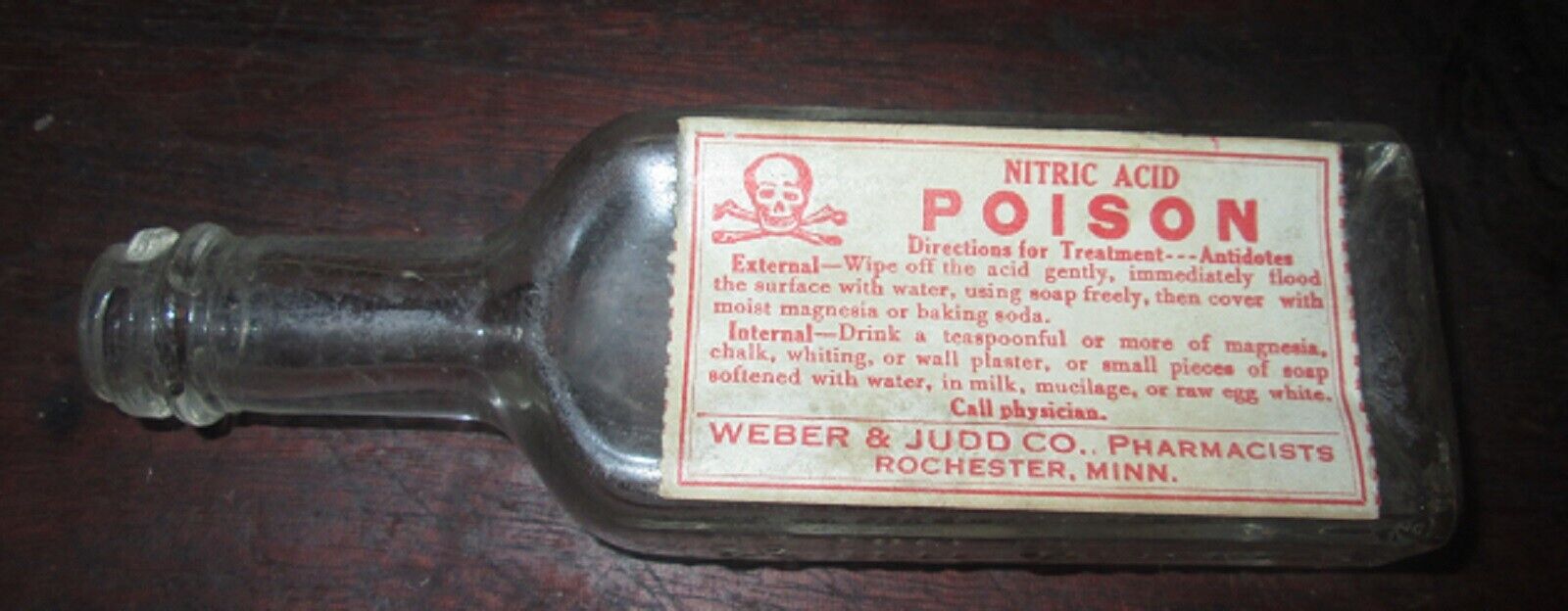 Vintage 1 Oz. Nitric Acid Bottle, Skull&Crossbones Label,Rochester Minn.