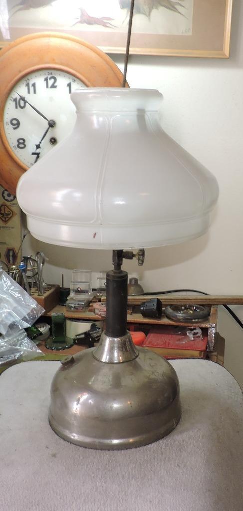 Old Coleman Quick lite Gas Table Lamp Lantern Milk Glass Shade