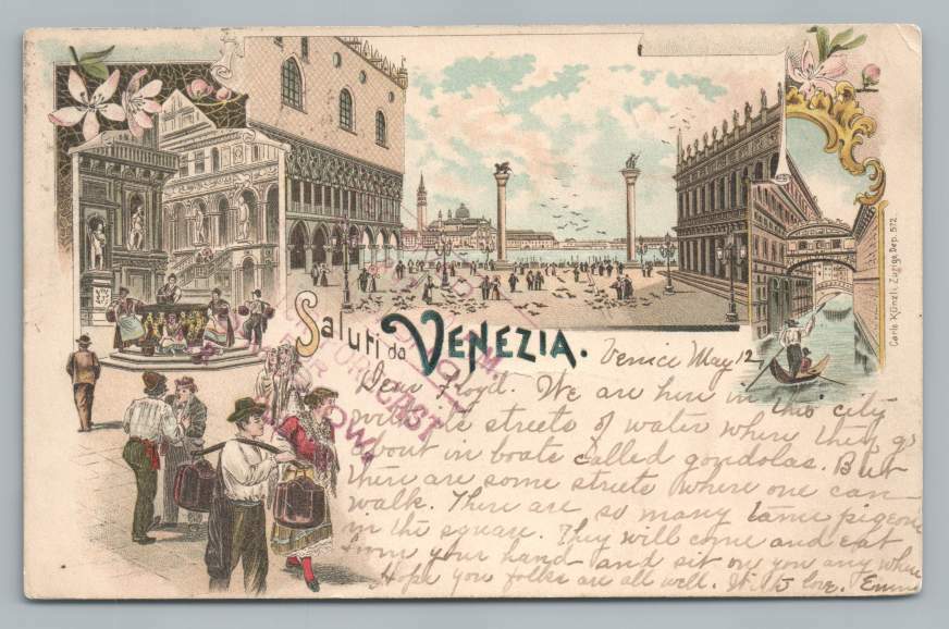 Saluti da Venezia Rare Antique Gruss Aus Style Postcard Stamp to USA 1897