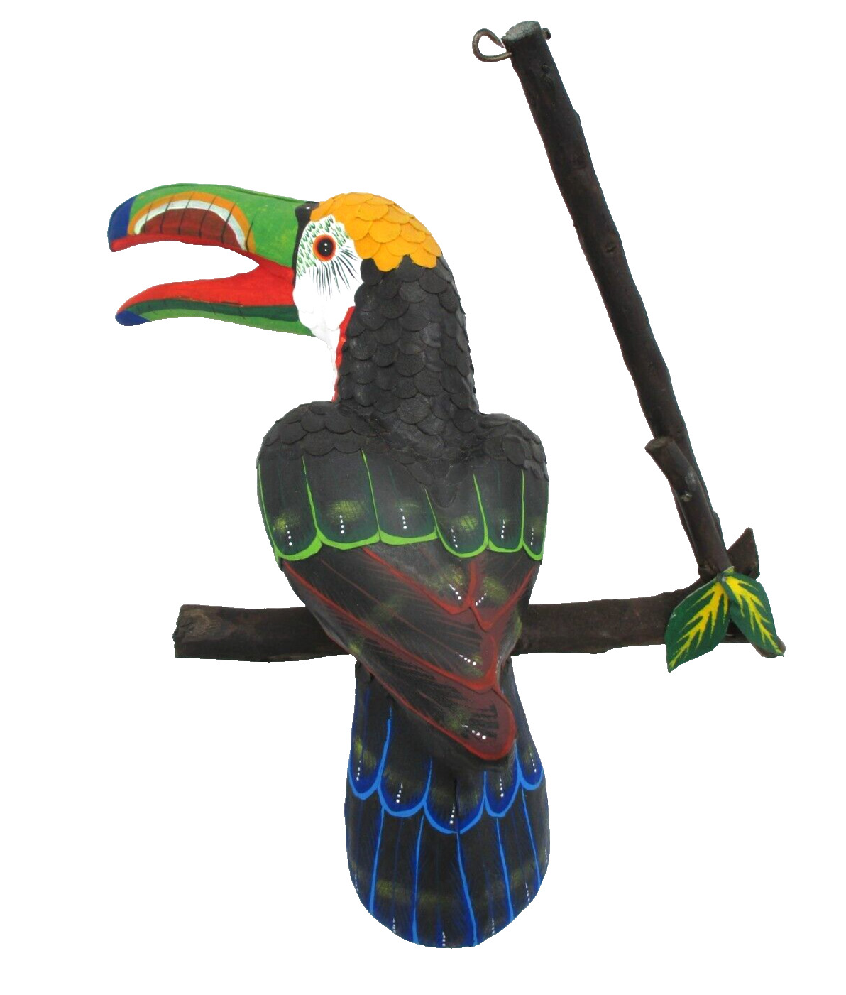 Hanging Parrot Wood Twig Perch Mexican Leather Toucan Bird Folk Art Large 20in
