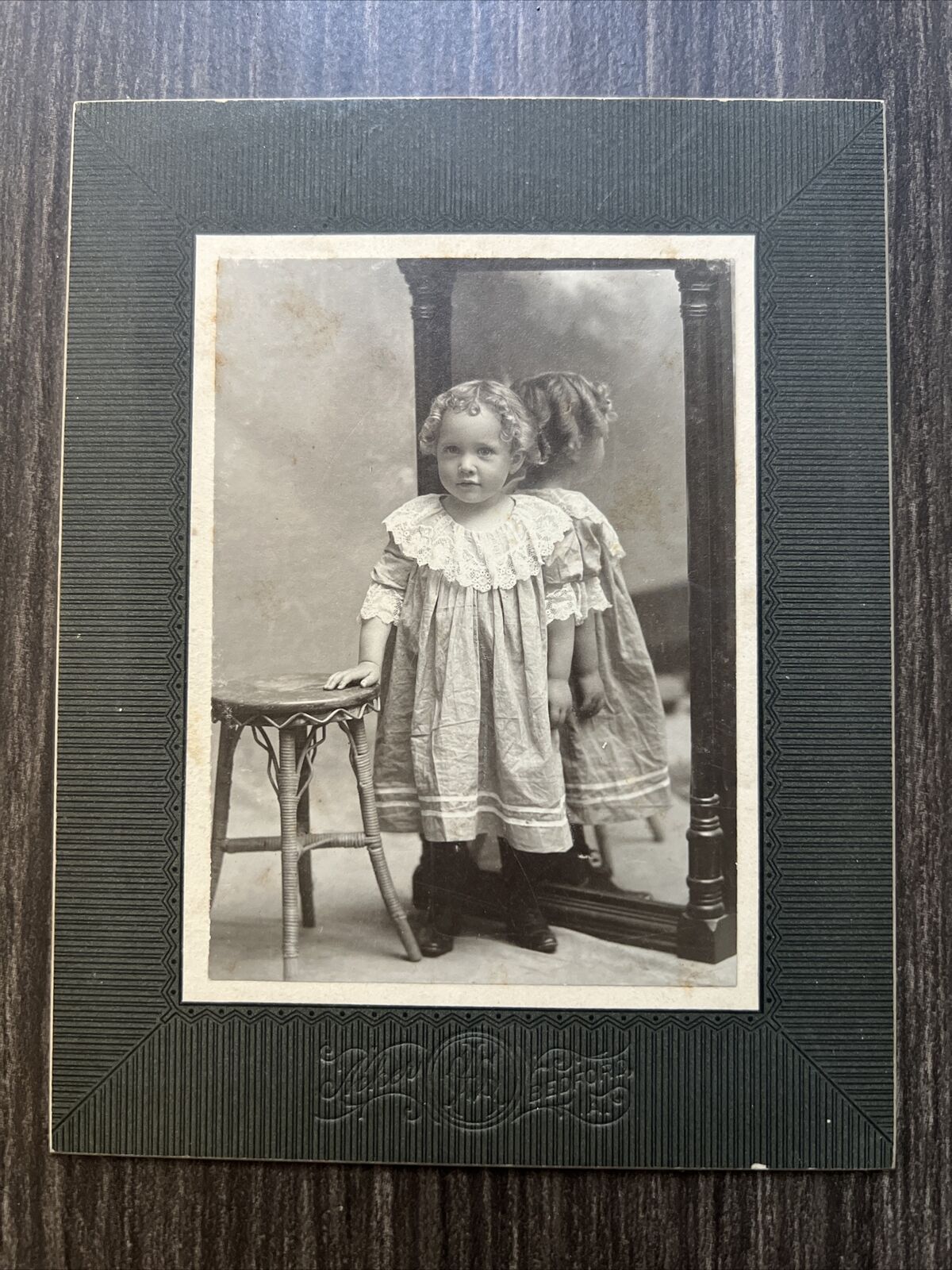 Antique 1890'S CABINET CARD Photograph Kids Dress Up Curly Hair Boots Mirror