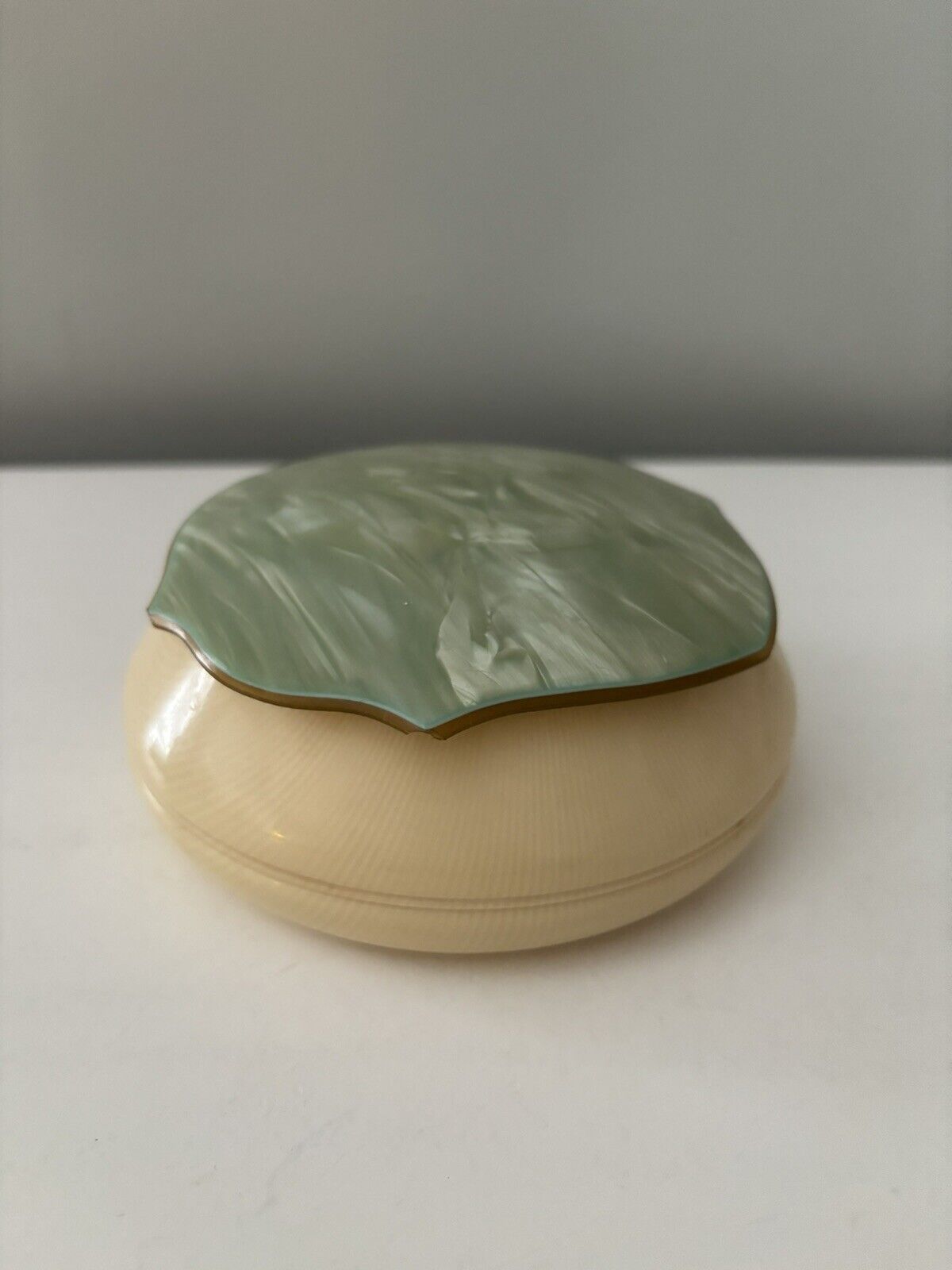 Vintage White Ivory Celluloid Vanity Powder Box With Marbled Lid