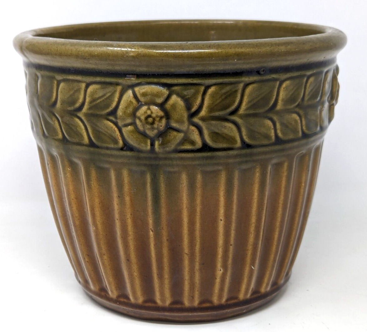 Antique Floral Majolica Pottery Green Brown Jardiniere Planter Pot Vase F24