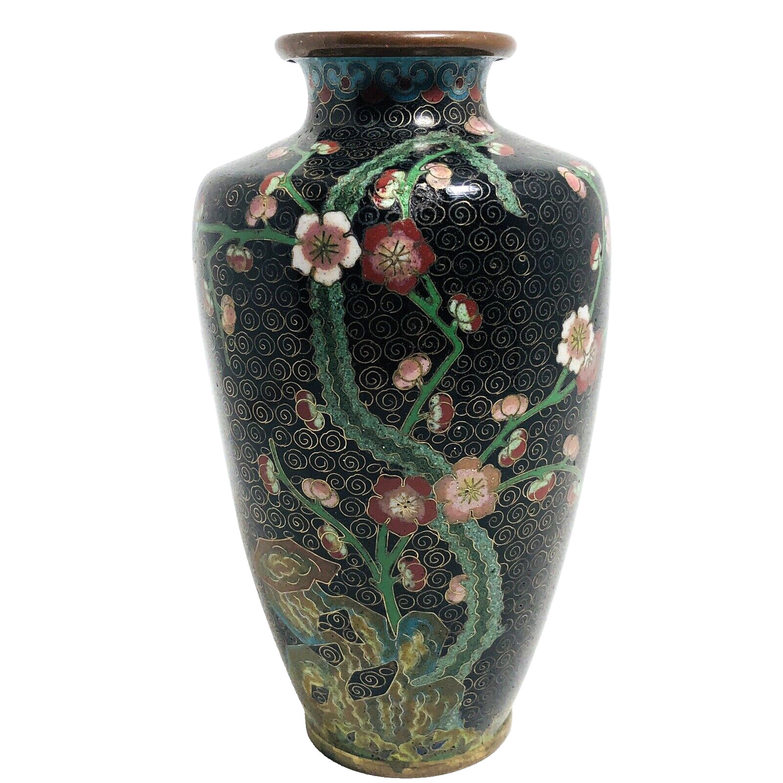 Vintage Cloisonné Vase Solid Brass Enameled Japanese (?) Black w/ Flowers 6.25\