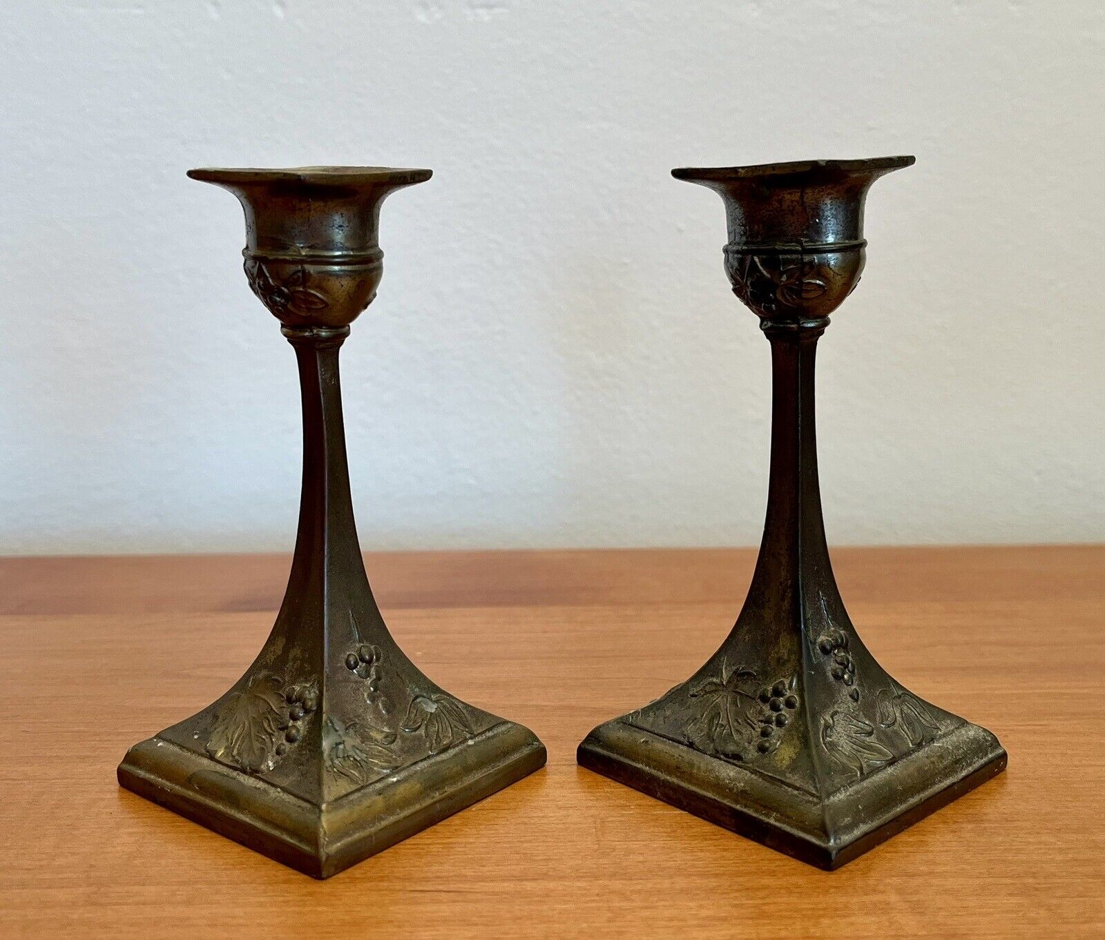 A Pair of Brass French Antique Candlesticks. Leaf And Berry Design. ￼