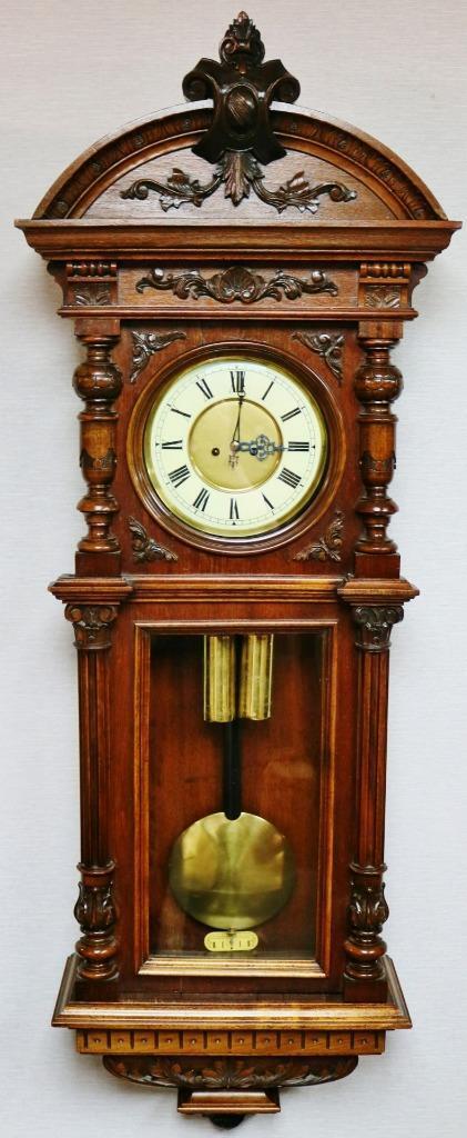 Outstanding Antique 8 Day Twin Weight Carved Oak Vienna Regulator Wall Clock