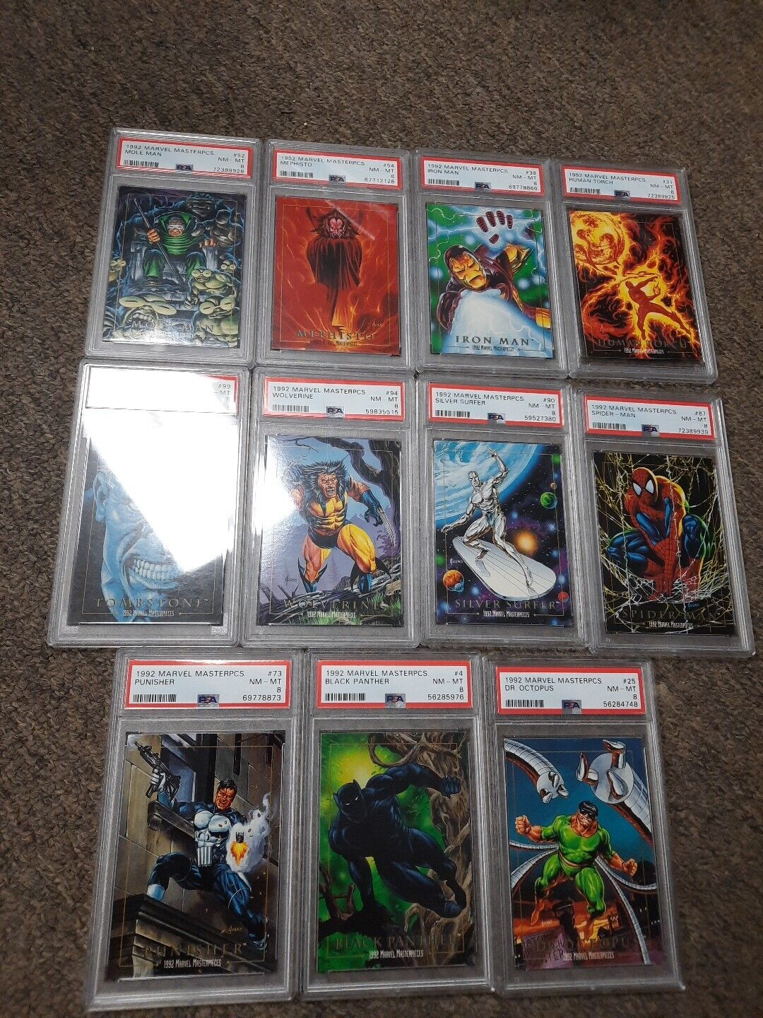 11 Card PSA 8 Lot 1992 Marvel Masterpieces Spiderman Black Panther Wolverine +++