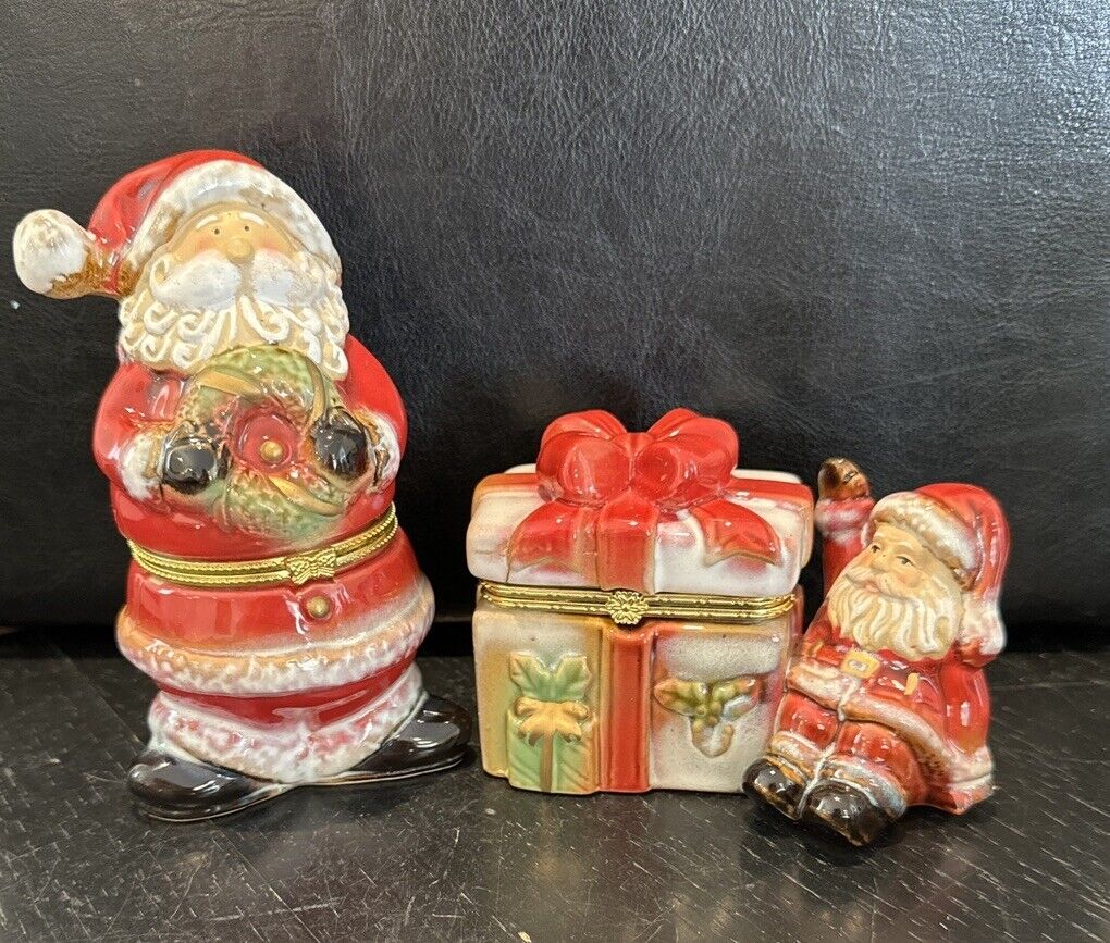 Vintage Santa Porcelain Trinket Boxes 2 Hand Painted Brass Closures Christmas