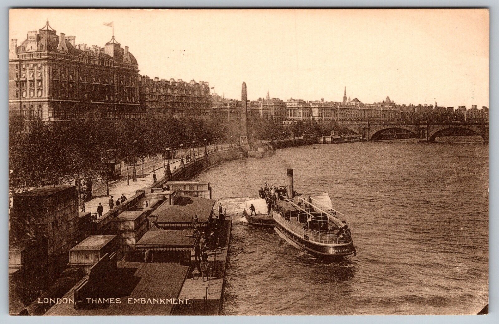 Thames Embankment London England River Walk Boat Monument Vintage Postcard