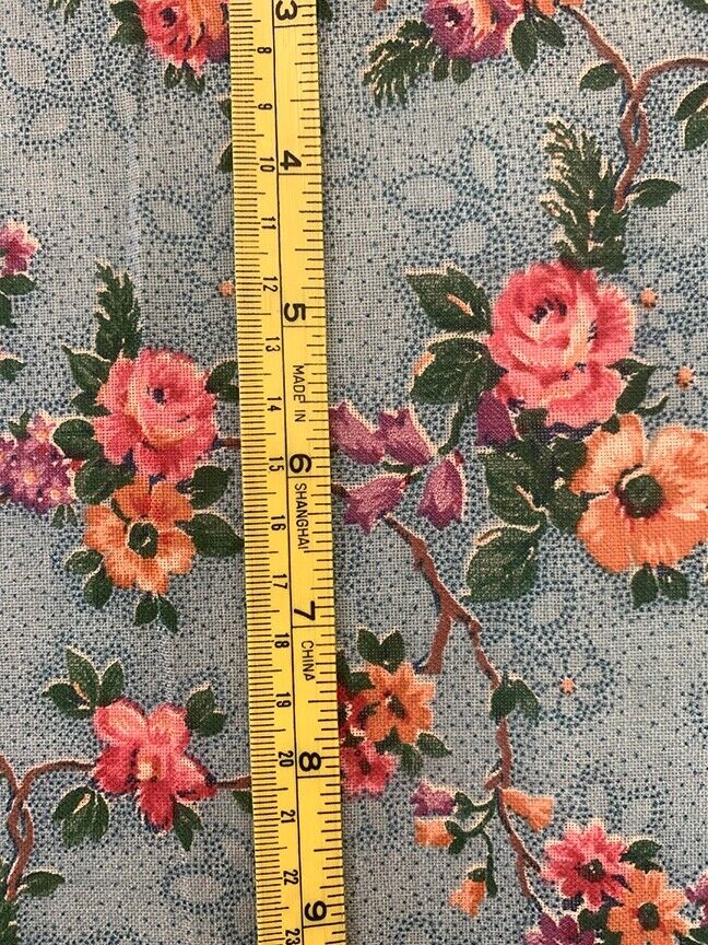 Rare Antique Fabric 19th Century Cotton Roses ~ Pink & Green on Blue ~ 17\