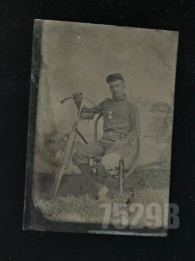 Antique Tintype Photo Medal Wearing Bike Rider Posing with Bicycle Cool Pose