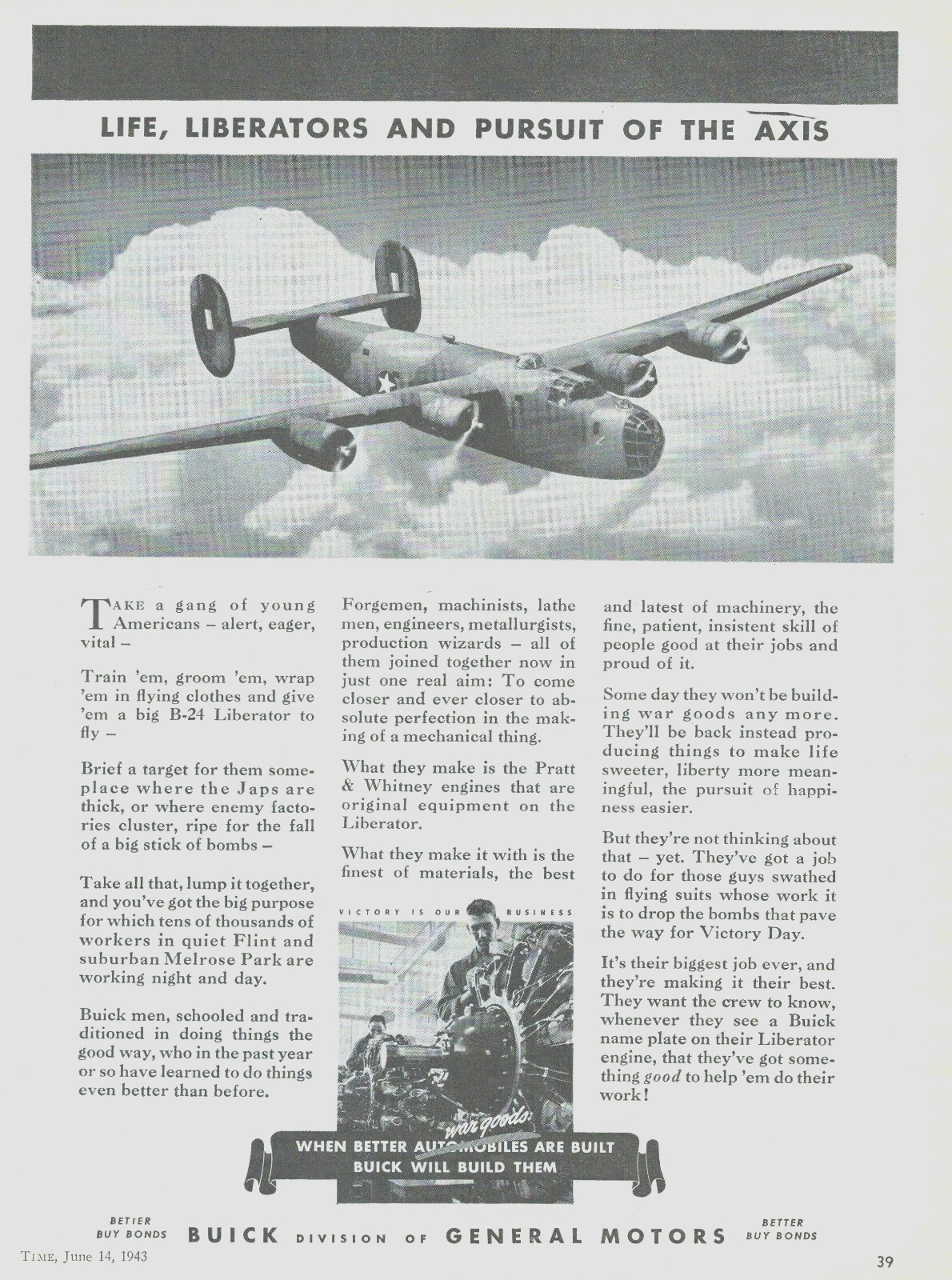 1943 WWII BUICK General Motors B 24 LIBERATOR bomber aviation plane ART PRINT AD