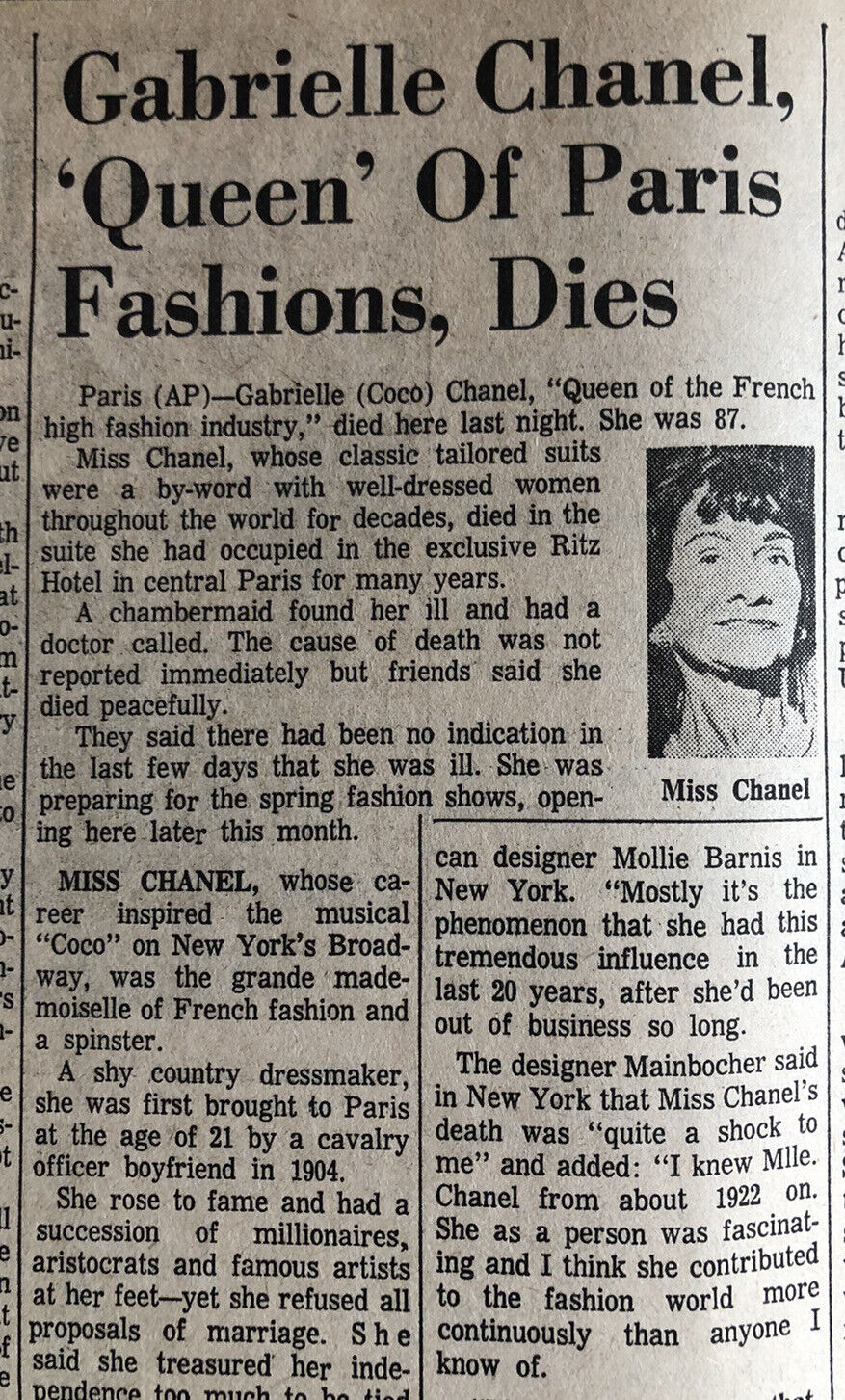 Coco Chanel Dies January 11 1971 Indy Star Newspaper Chanel No. 5 Fashion House