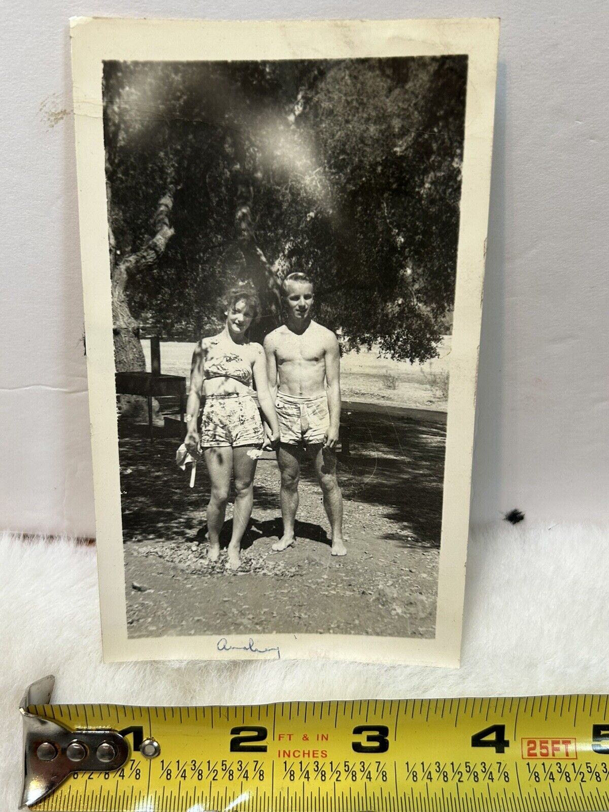 Vintage Photo Snapshot Of Young Couple Holding Hands In Bathing Suits 