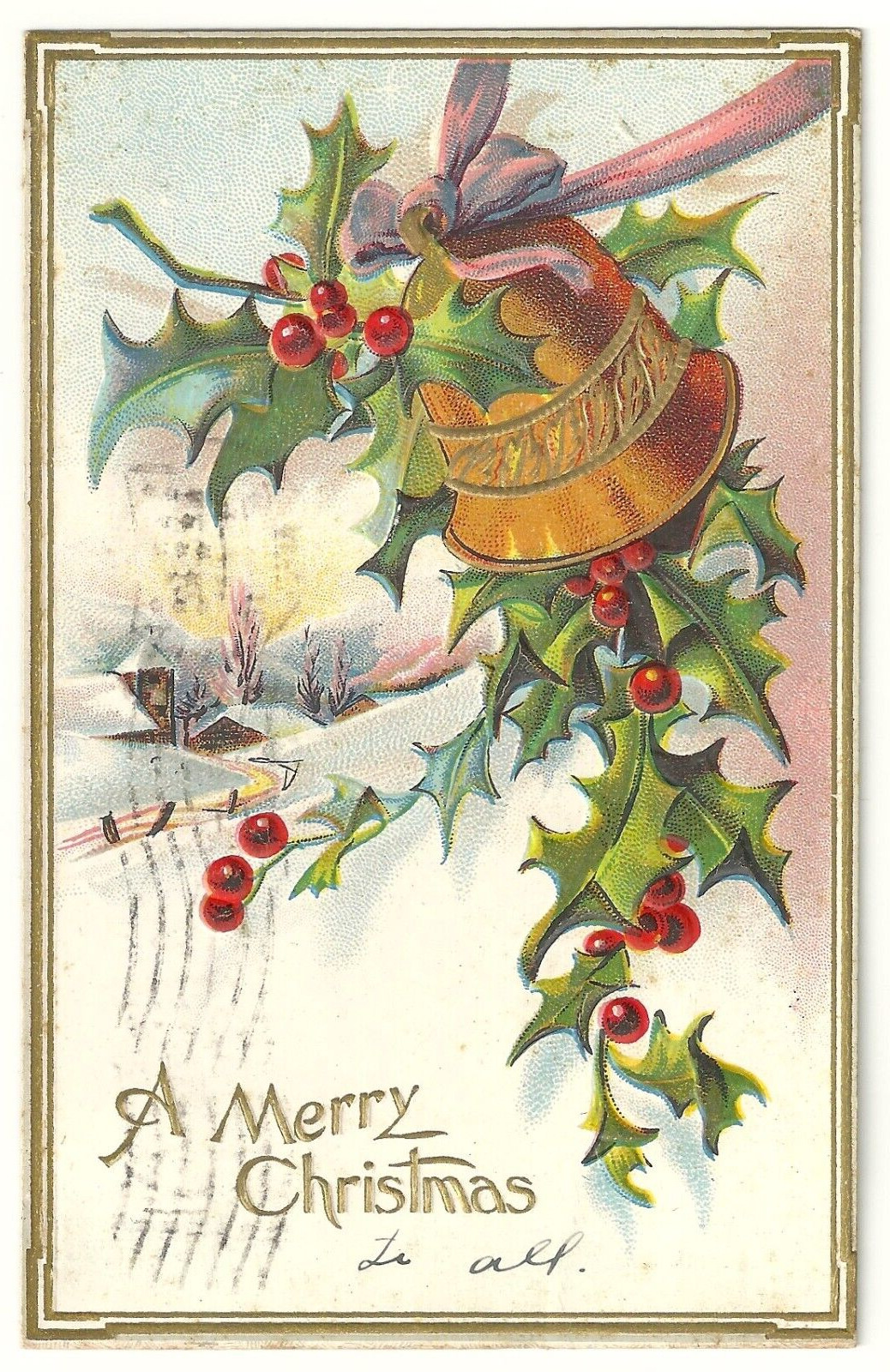 1910s Merry Christmas Greetings Bell Holly Berries Ribbon Embossed Postcard VTG
