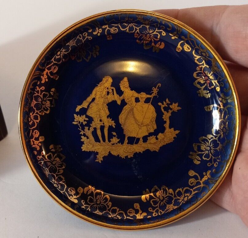 Vintage Limoges Cobalt Blue Porcelain 22k Gilded Miniature Plate Trinket Dish...