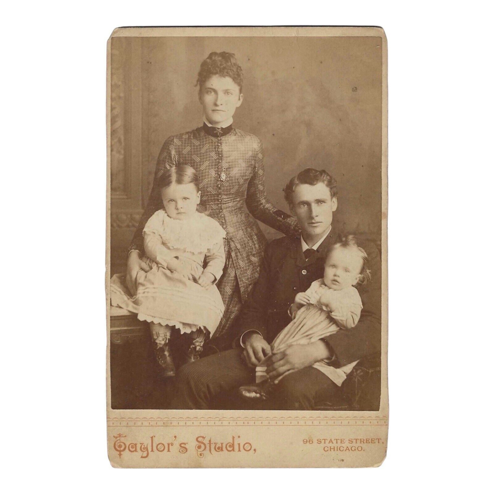 Antique Cabinet Card Photo Victorian Family Man Woman Star Brooch Chicago IL