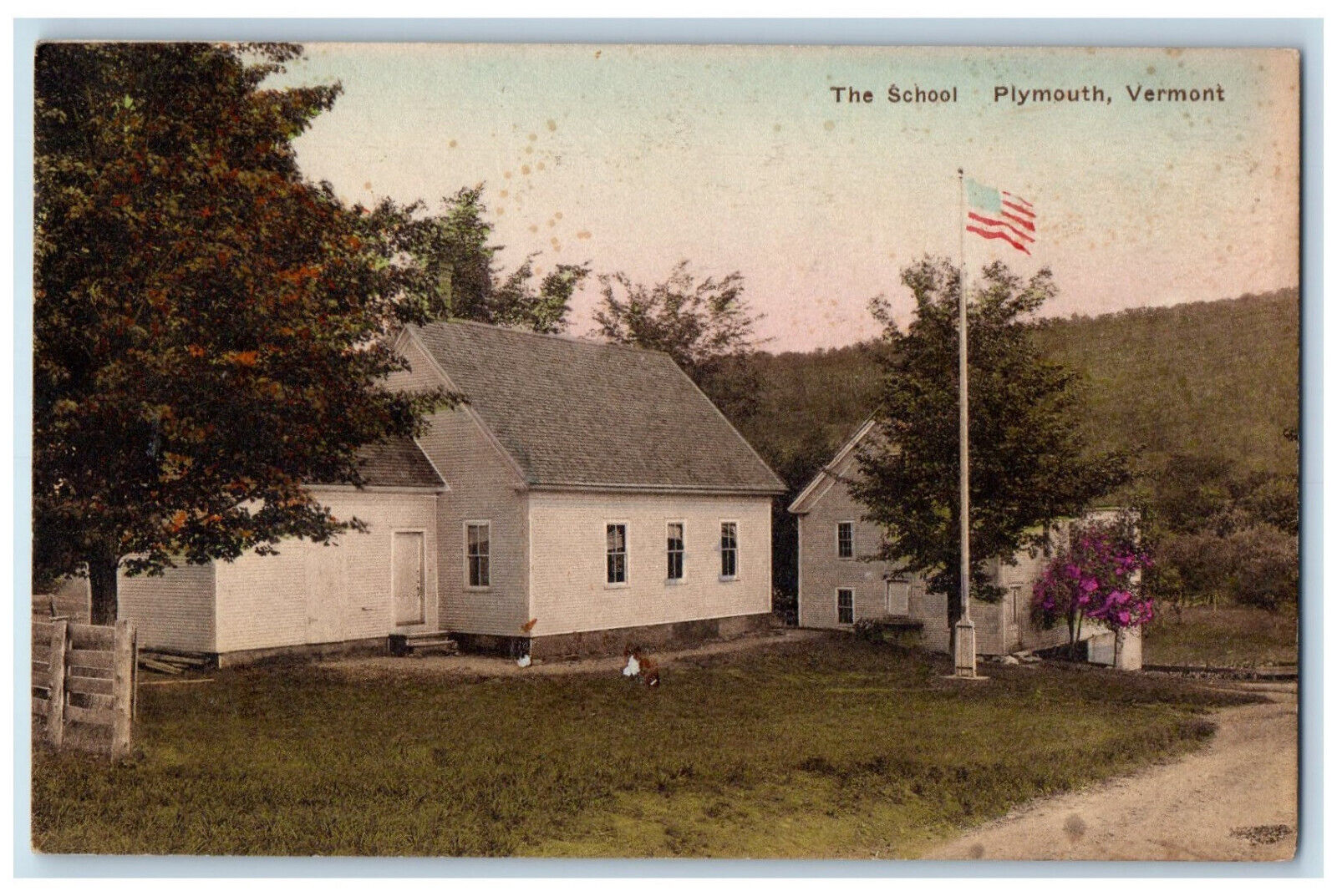 c1950\'s US Flag The School Plymouth Vermont VT Antique Handcolored Postcard