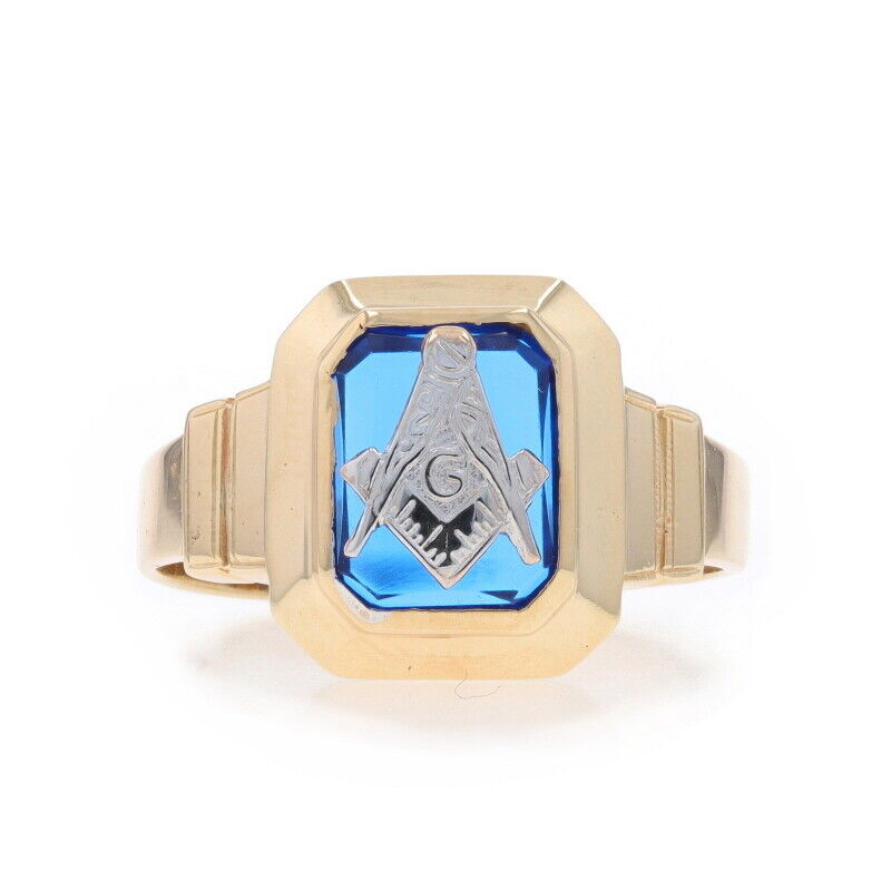 Yellow Gold Blue Lodge Men's Master Mason Ring 10k Lab-Created Sapphire Masonic