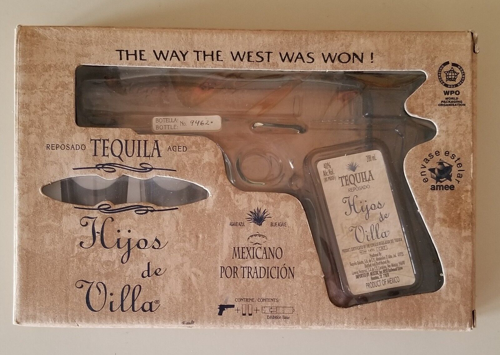 HIJOS de VILLA Tequila Pistol Decanter Shot Glasses & Display Base Set Empty 