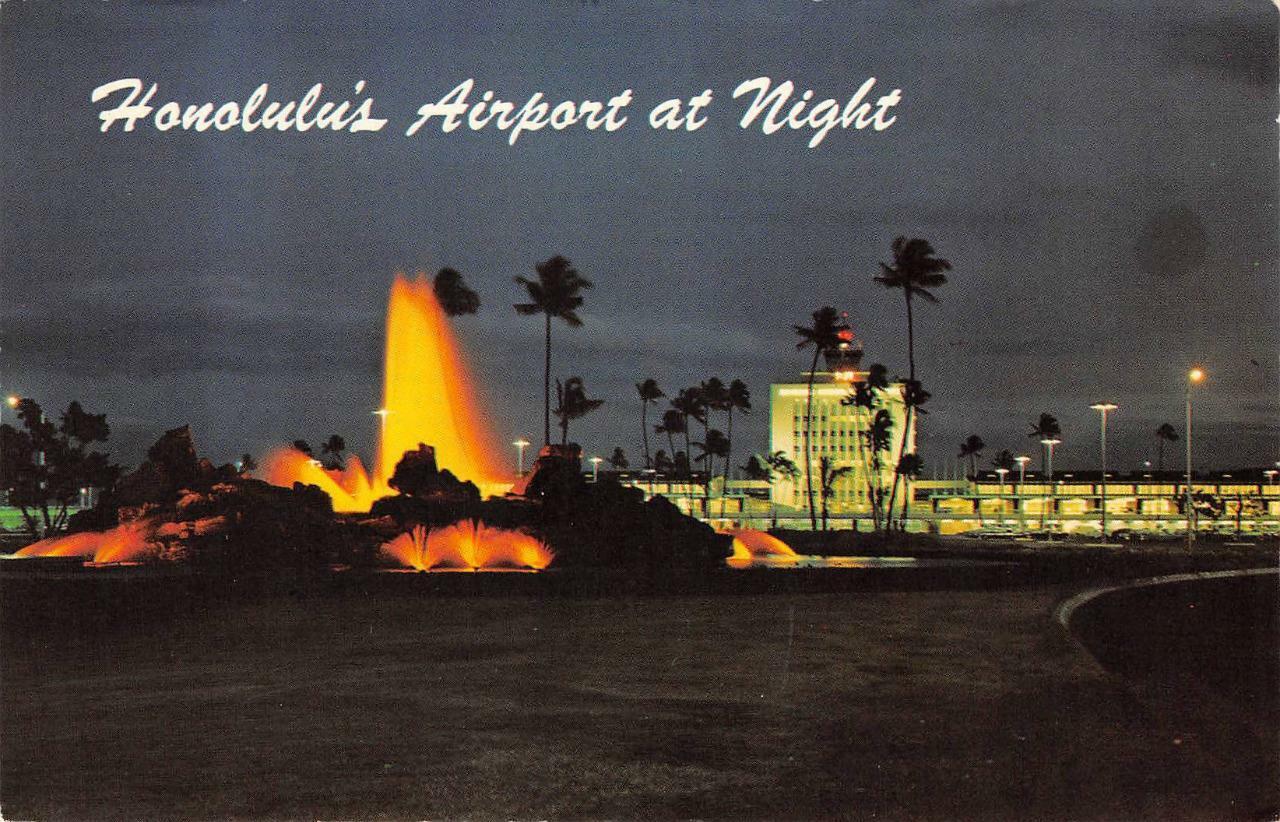 HONOLULU AIRPORT AT NIGHT Hawaii Nani Li\'i c1960s Vintage Postcard