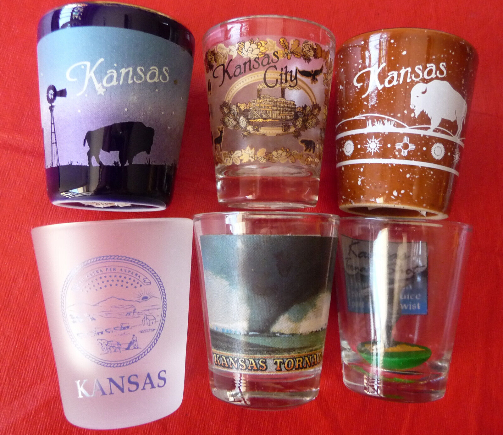 lot 6 KANSAS SOUVENIR SHOT GLASSES Barware~tornado~buffalo~KC~official st seal