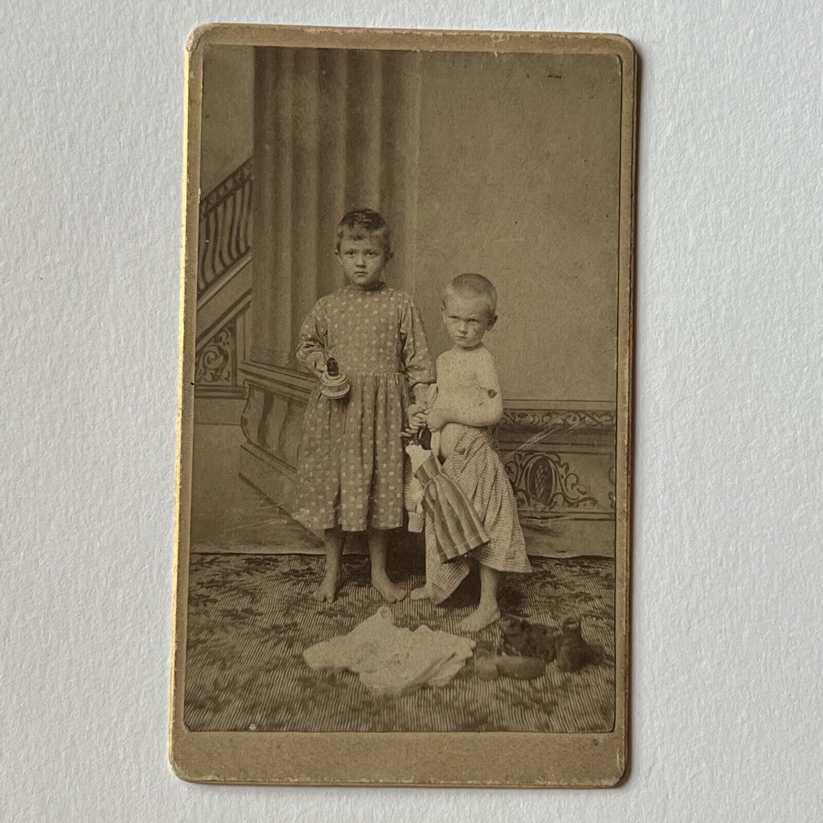 Antique CDV Photograph Adorable Little Boy Brothers Doll Odd Carmichaels PA