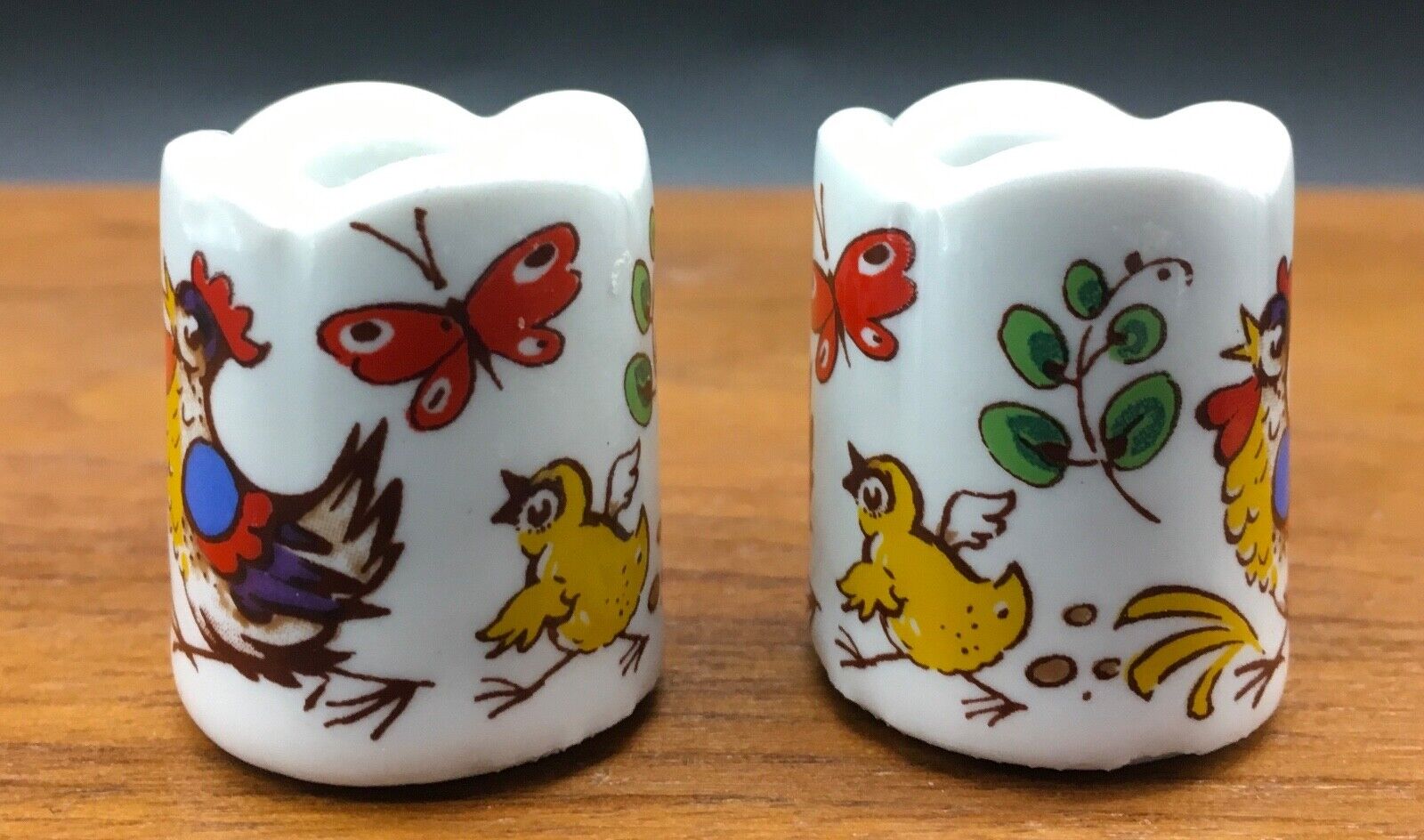 West Germany a pair of miniature candle holders chicken and chicks VTG folk art