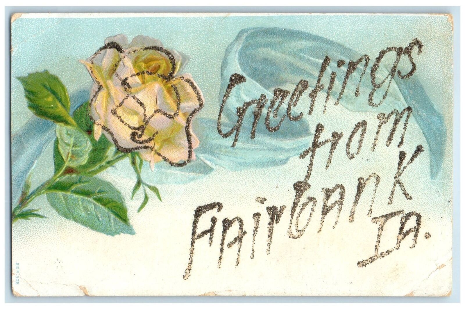 1907 Greetings From Fairbank Glitter Yellow Rose Iowa IA Posted Antique Postcard