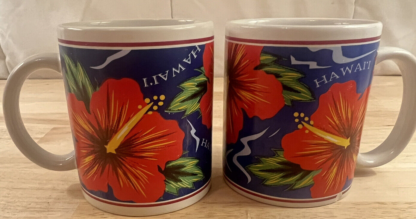 Hilo Hattie Hawaii Red Hibiscus Flower Coffee Mugs Island Heritage 1996 Set of 2