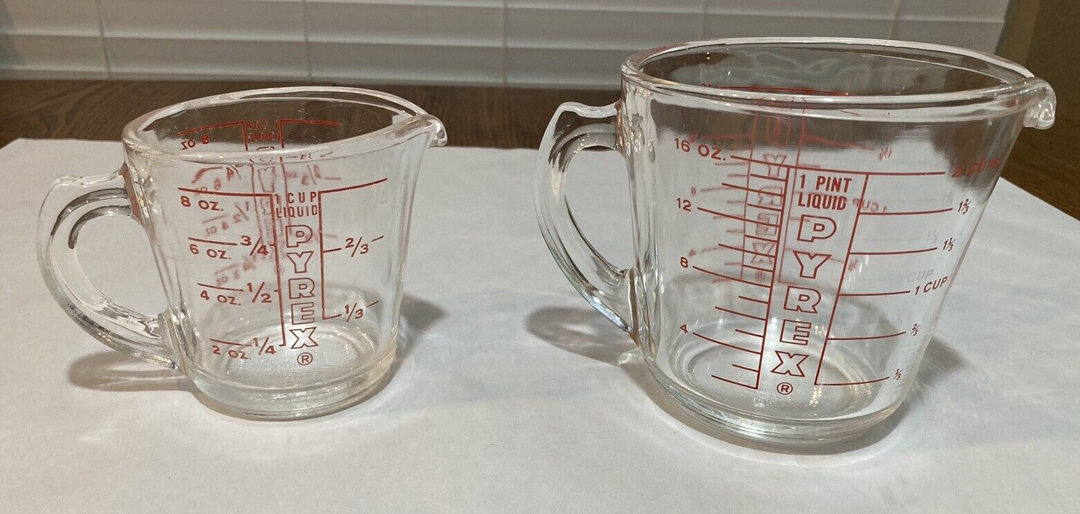 Vintage Pyrex Glass Measuring Cup Set 1 Cup & 2 Cup D-Handled Very Nice