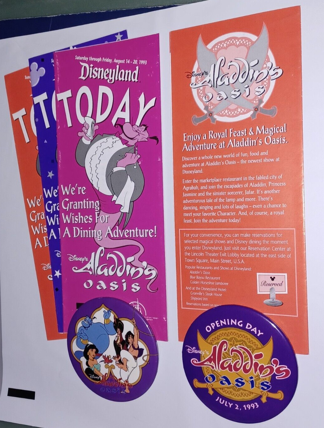 Today at Disneyland Aladdin's Oasis 1993/ 5 Programs,2 Buttons (1 Opn'g day 7/2)
