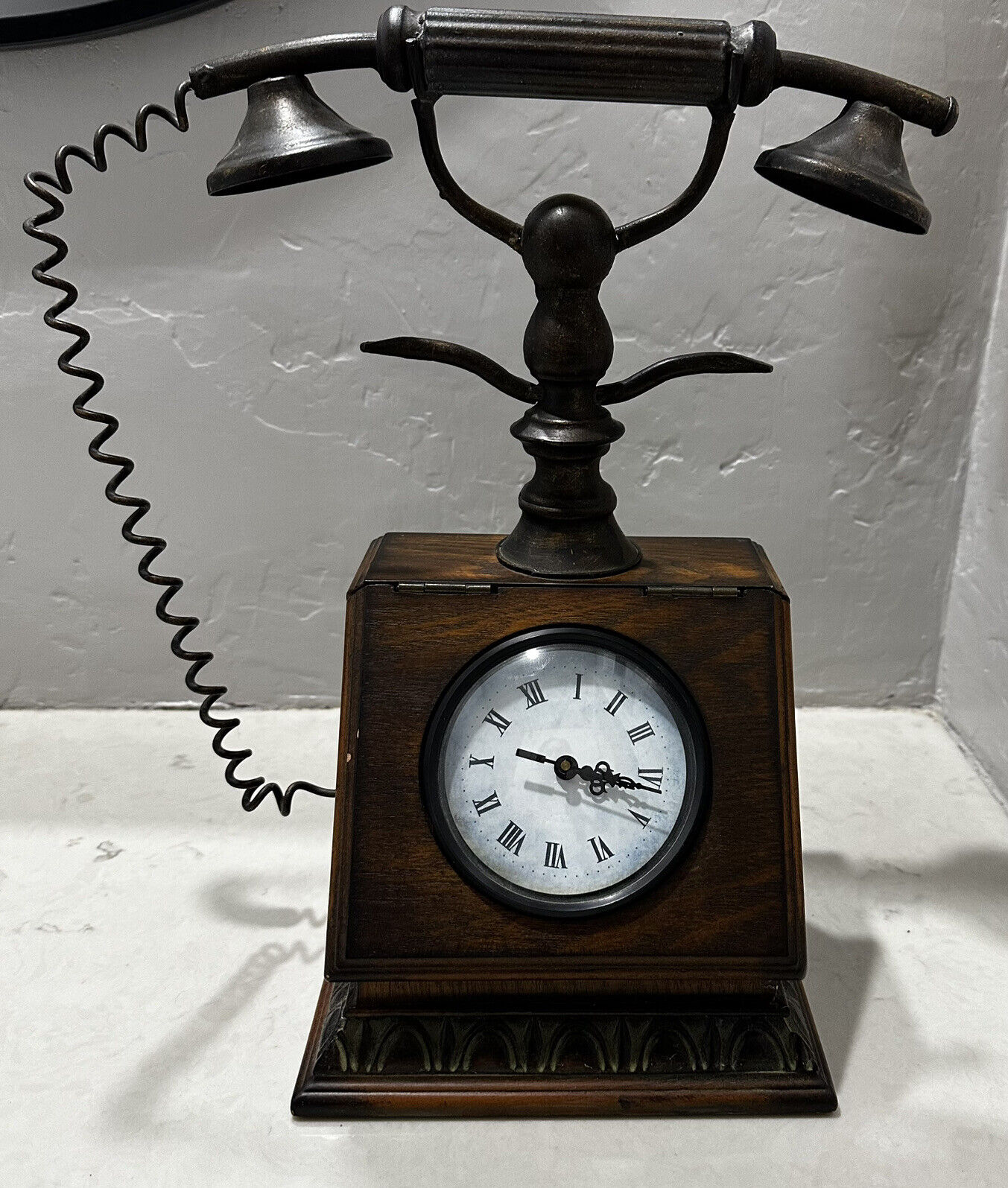 Vintage Metal Phone Wooden Clock Large Working 21”
