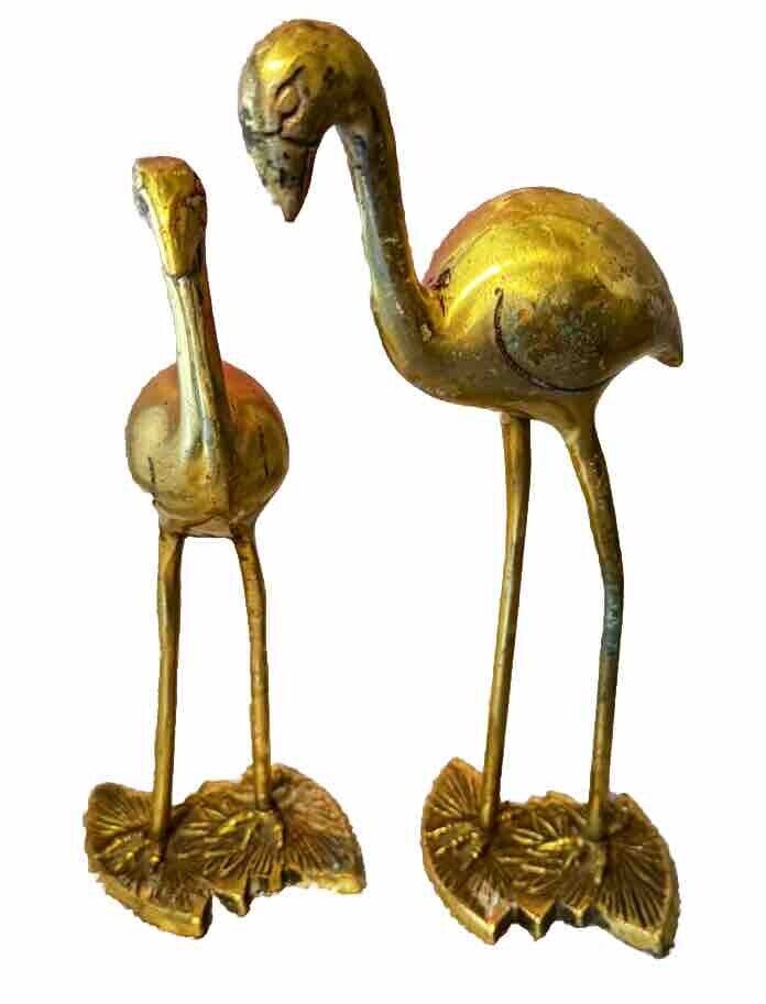 Vintage Set Of 2 Solid Brass Flamingos Statues Made in India