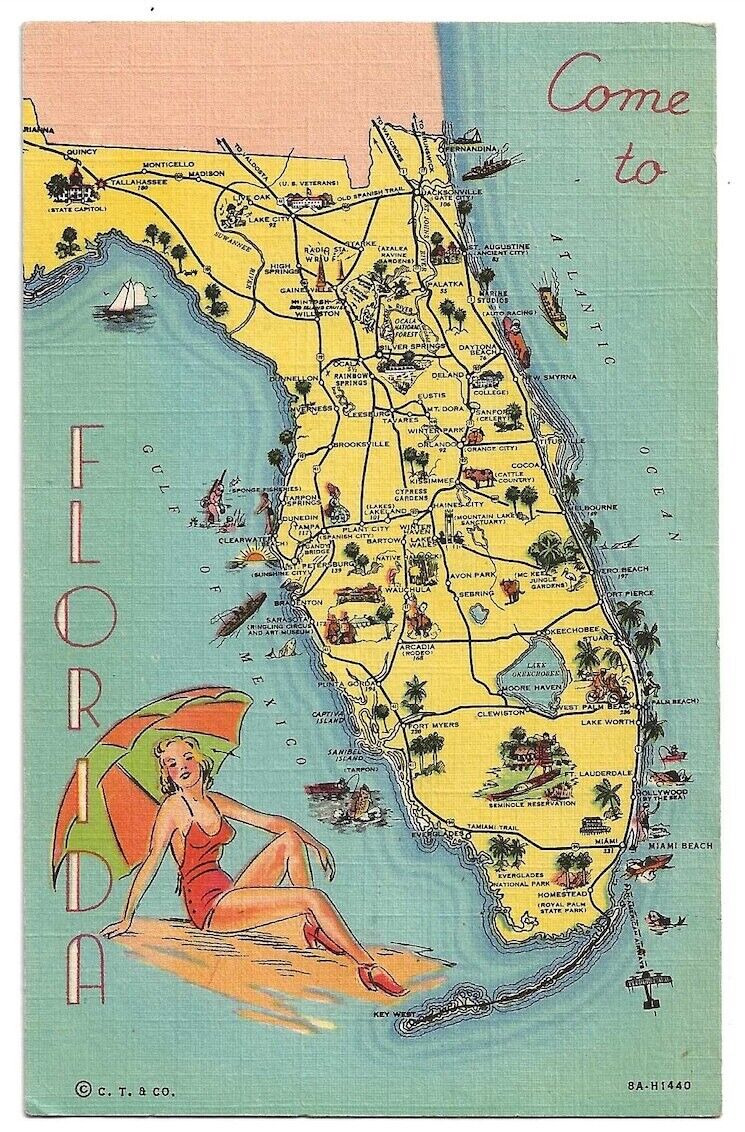 Florida Road Map c1930\'s bathing beauty, fishing. boats, Lake Okeechobee, Miami