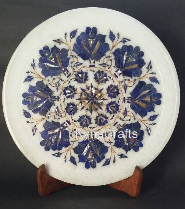 12 Inches Marble Platter Lapis Lazuli Stone Inlay Work Plate from Vintage Crafts