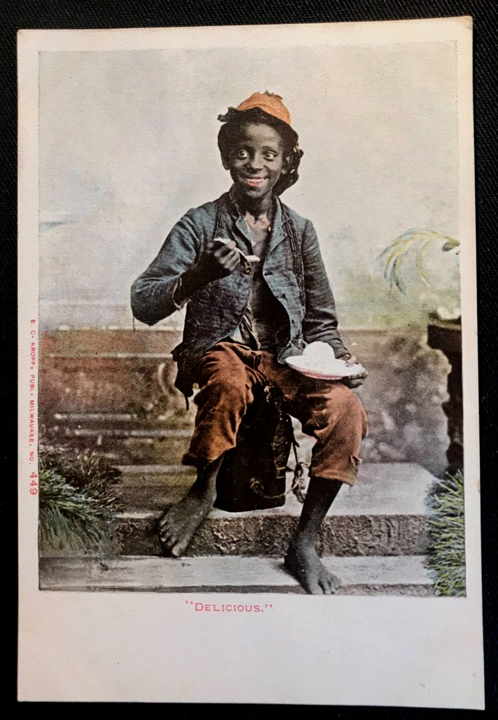 Antique Postcard, BLACK AMERICANA, Smiling Young Boy Eating titled DELICIOUS