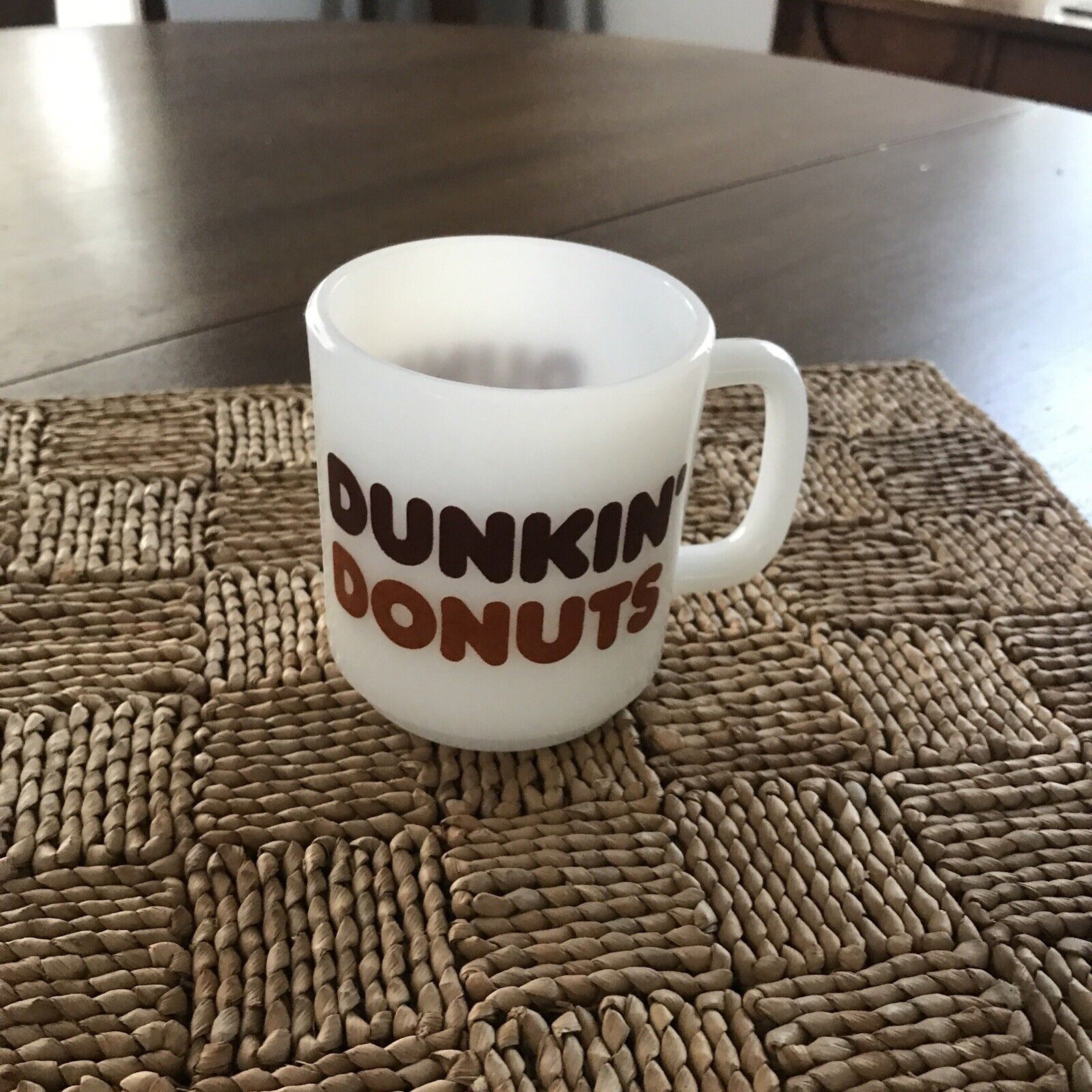 Vintage 1978 Glasbake Dunkin Donuts White Coffee Mug Milk Glass With Brown Logo