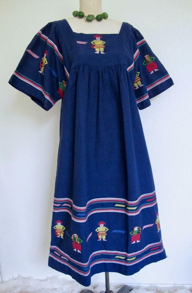 Vtg Guatemala L. Fernando\'s Handwoven Maxi Dress XL Little People Navy Folk Art