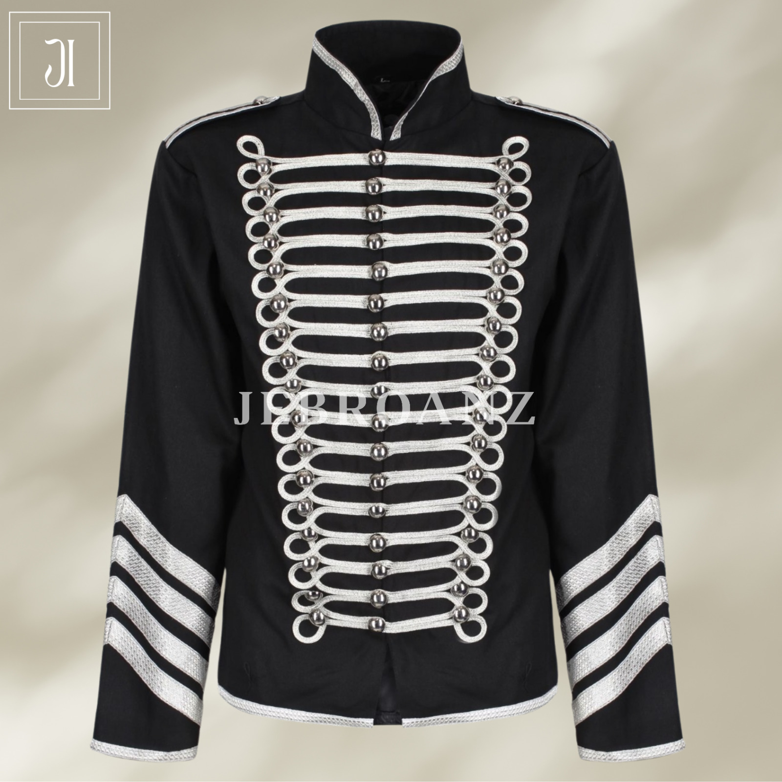 New Napoleonic Hussar Jacket Black Silver Miltary Style Gothic  Drummer Jacket
