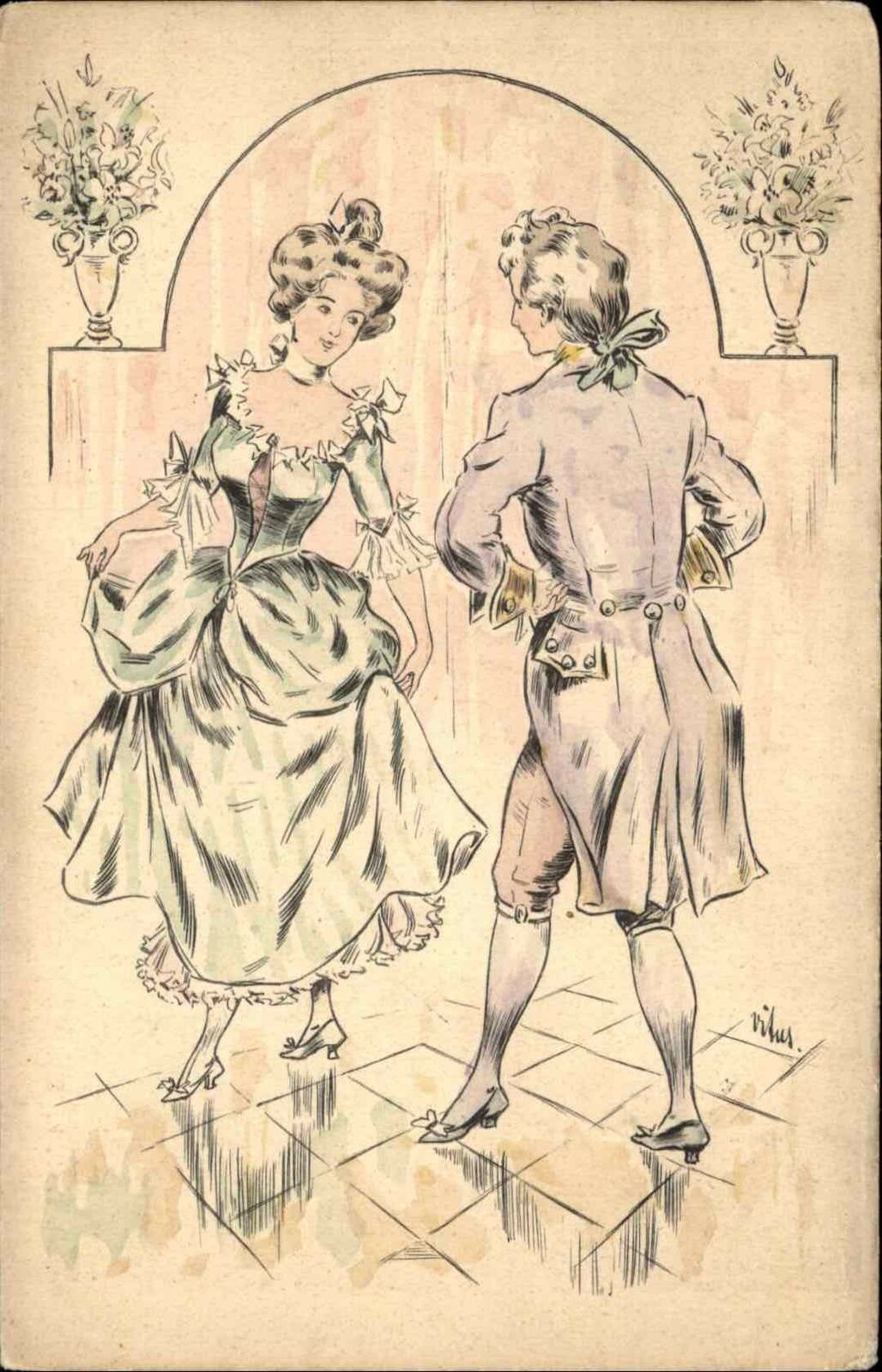 Elizabethan Scene Couple in Elaborate Costumes Dancing c1905 Postcard