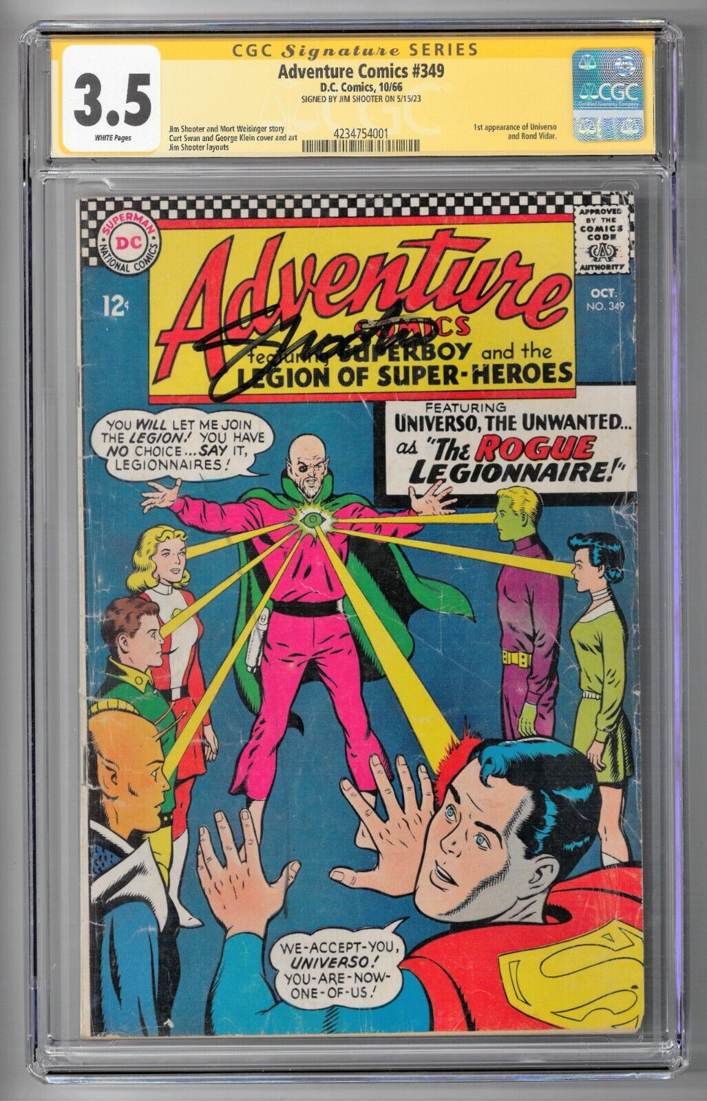 Adventure Comics #349 CGC SS 3.5 (Oct 1966, DC) Signed by Jim Shooter, Superboy