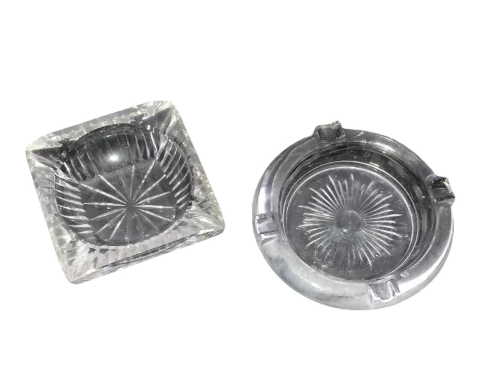 (2) Vintage Large Heavy Clear Glass Table Top Ashtray