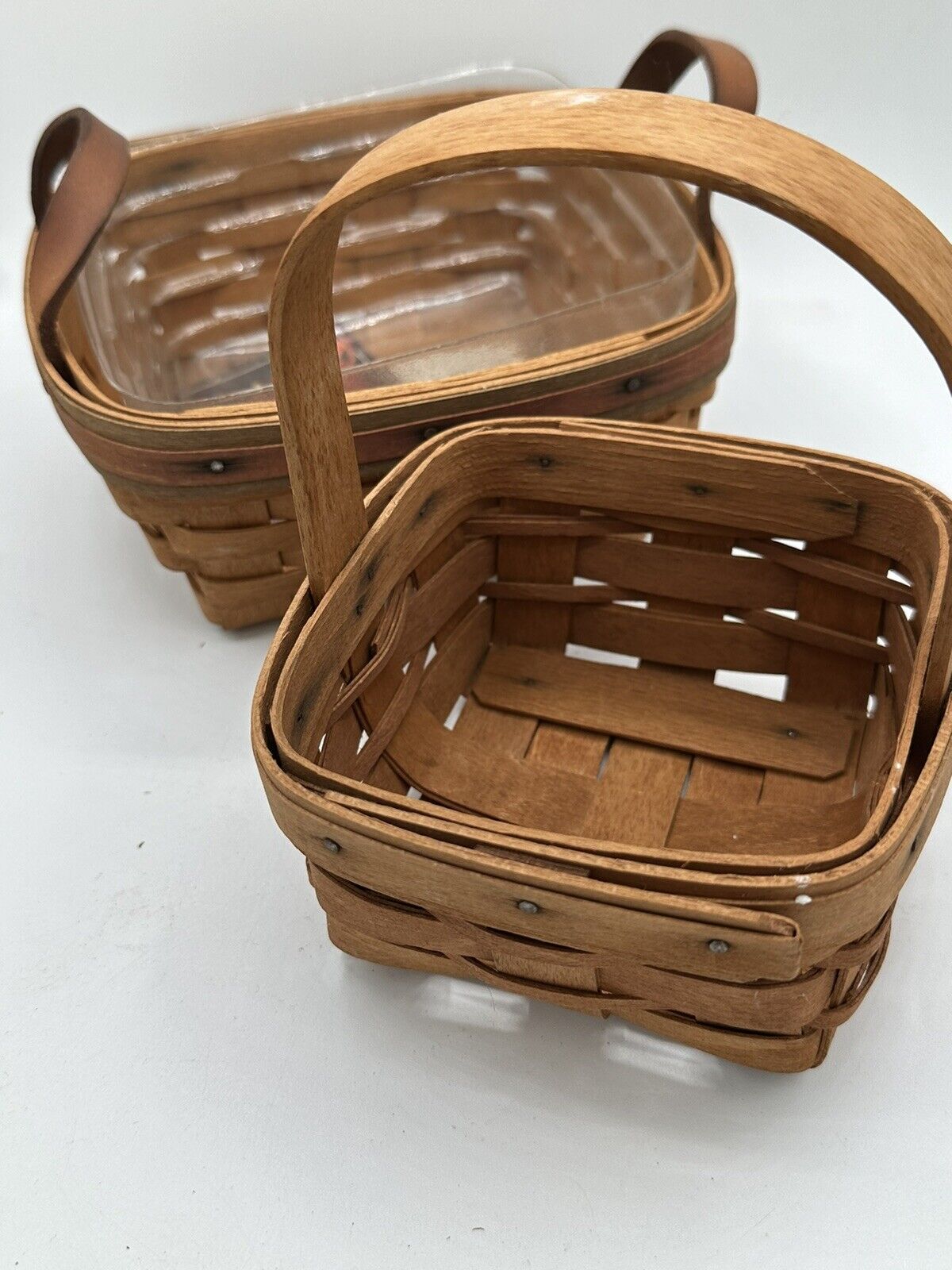 Two Vintage 1991 Signed Double Leather Handle/ Smaller Longaberger USA Baskets
