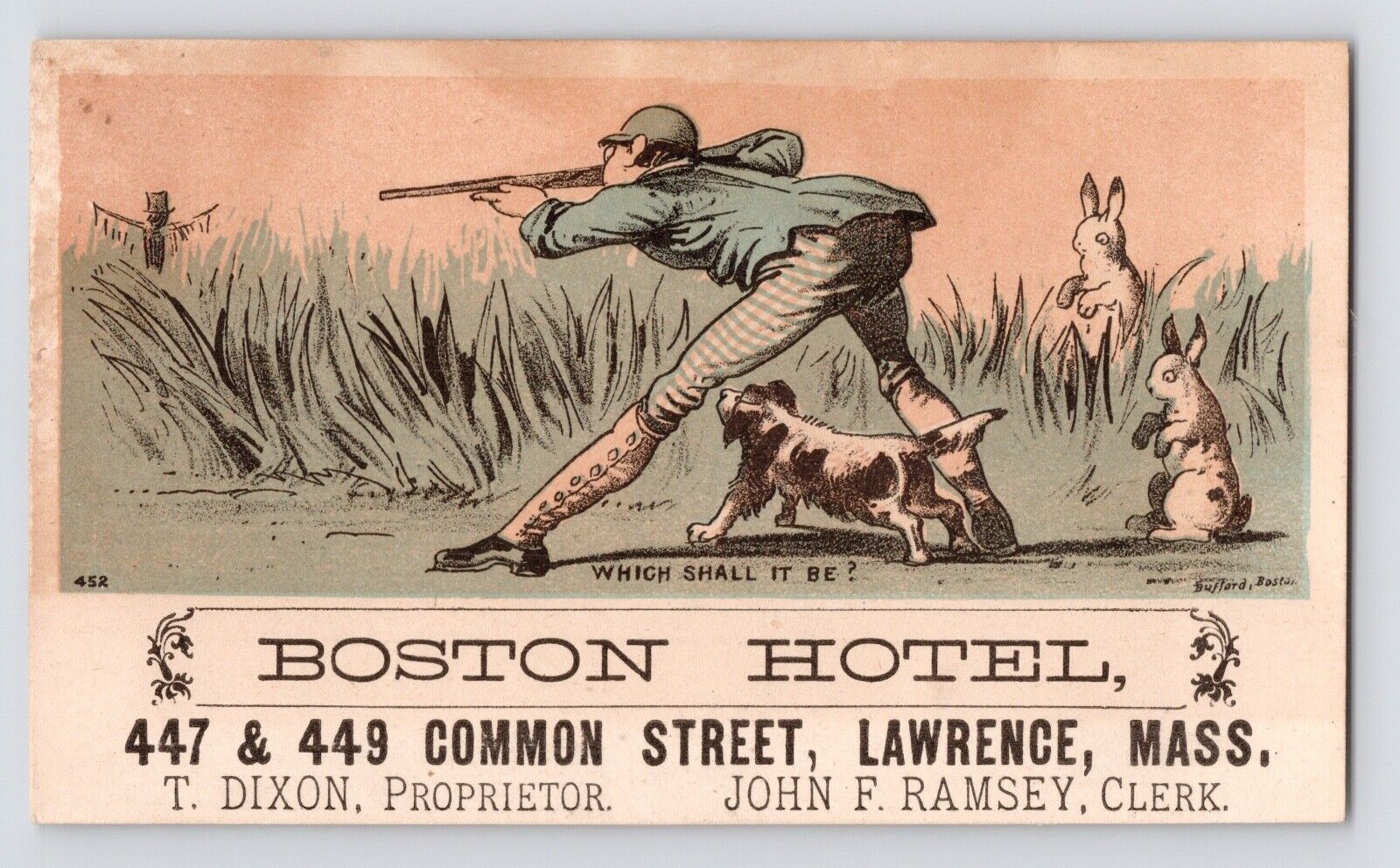 c1880s~Lawrence Mass~Boston Hotel~Rabbit Hunter~Victorian Trade Business Card