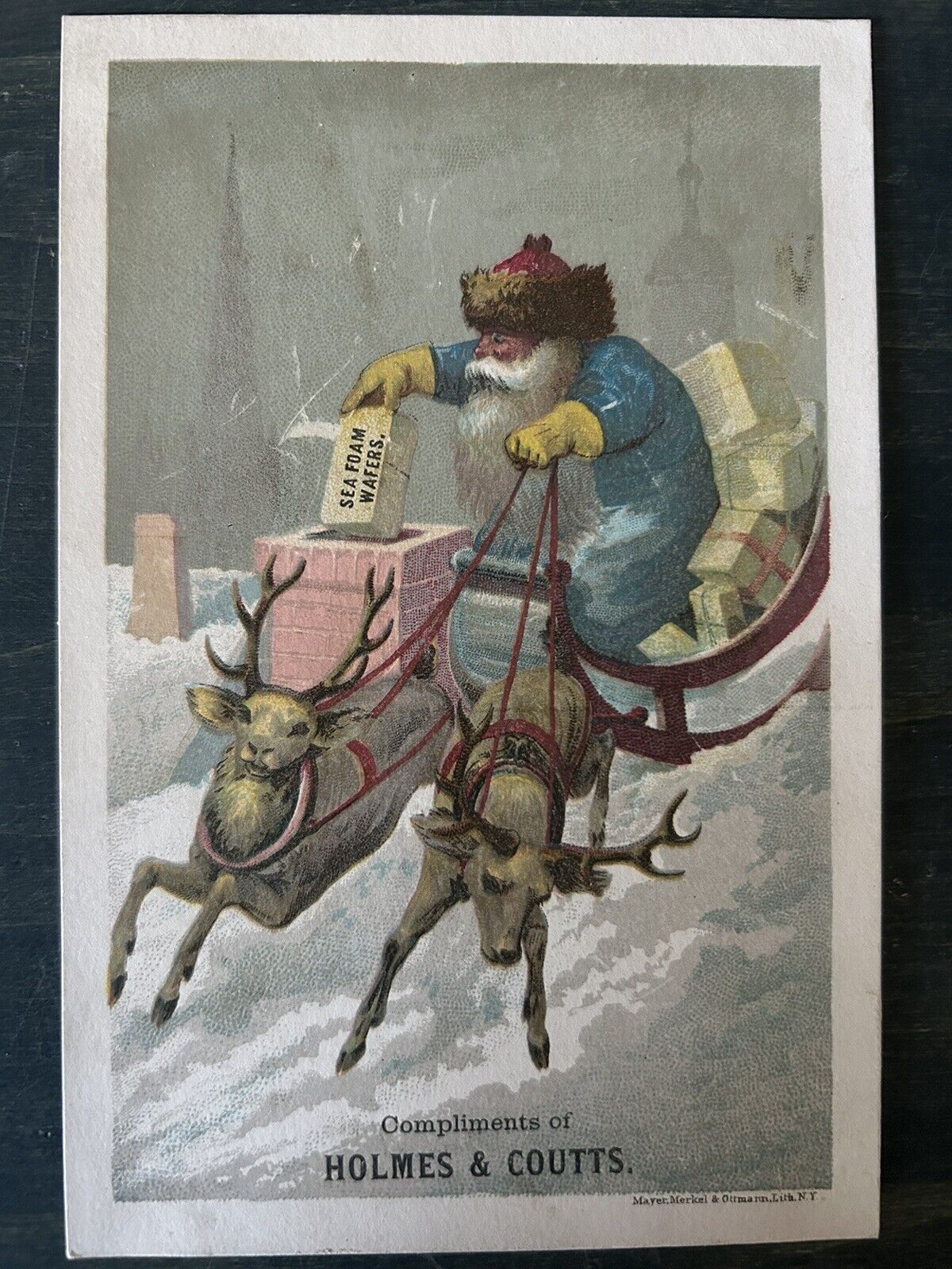 c1890's Trade Card Sea Foam Wafers, Blue Robe Santa With Gift Flying On Sleigh