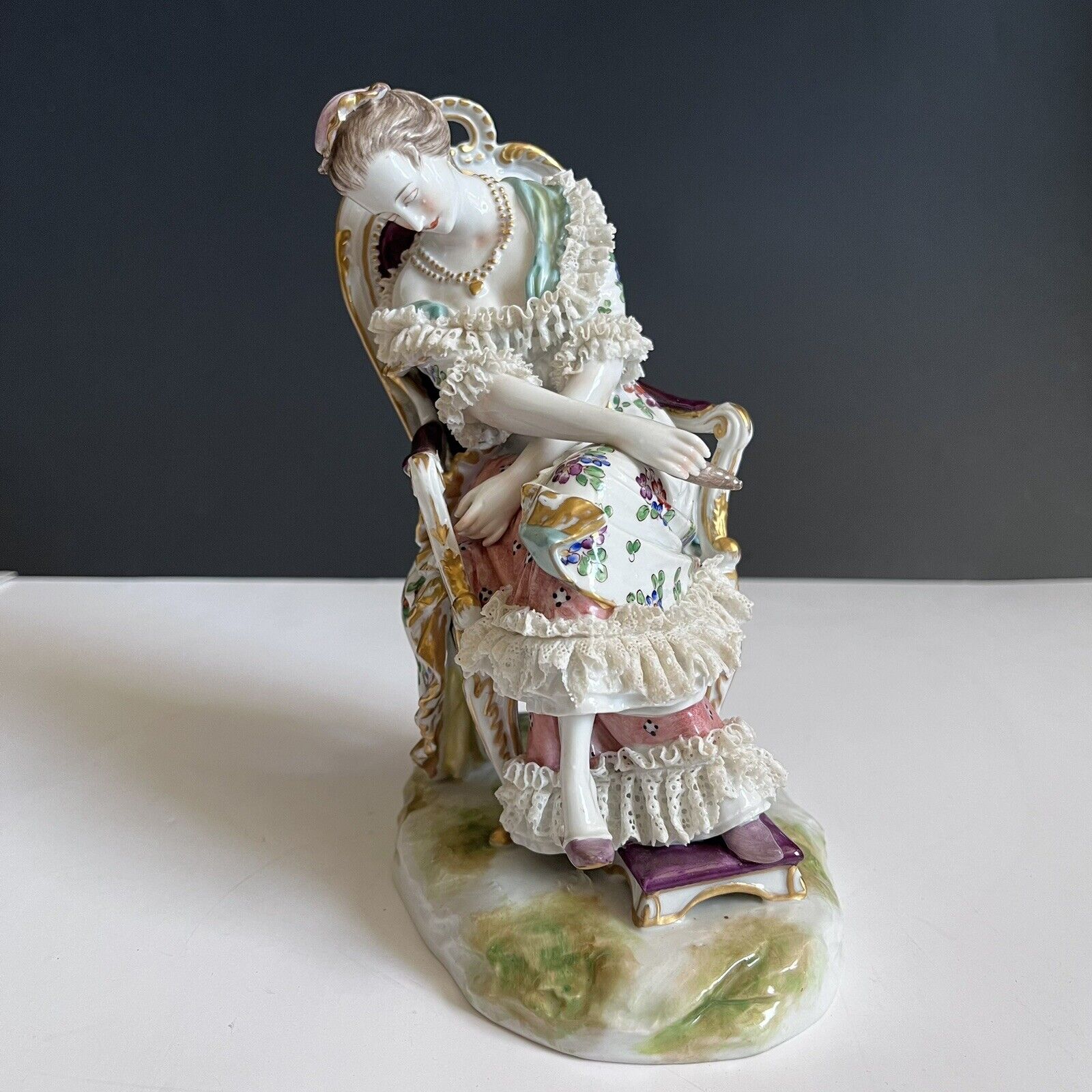 Antique Ludwigsburg Porcelain Figurine Maiden Sleeping On Seat