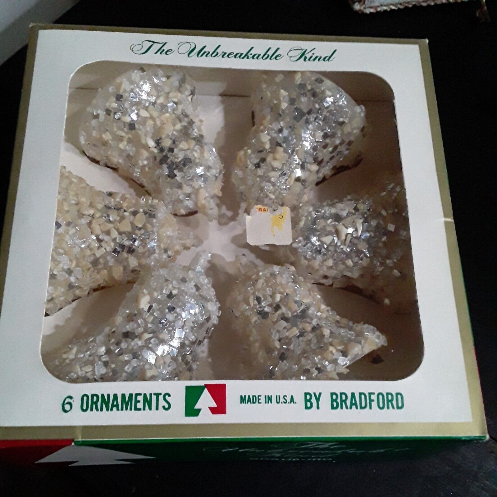 6 Vintage Bells Bradford USA Plastic MCM Unbreakable Christmas Ornaments Box