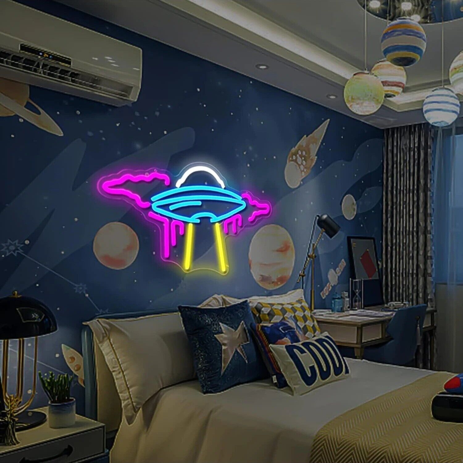 UFO Neon Sign Alien Spaceship LED Space Neon Signs for Wall Neon Light Up Sign