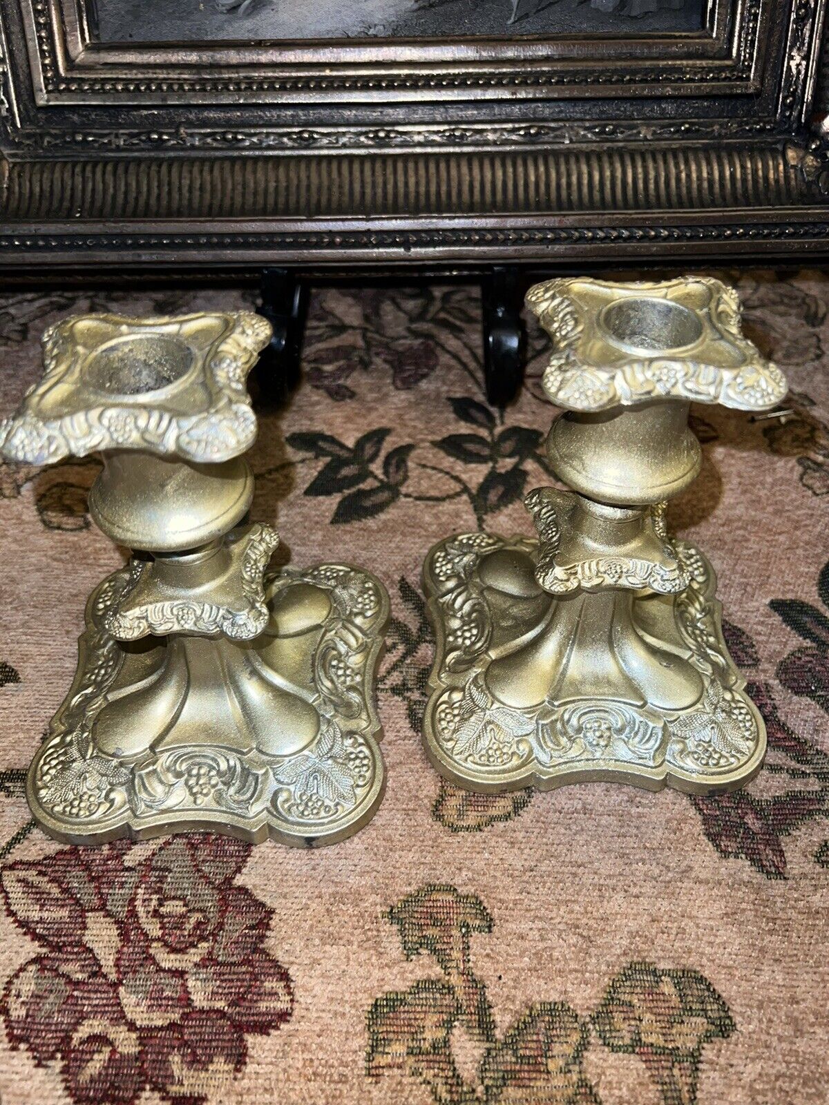 Pair Of Ornate Baroque Style candlestick holder Brass Heavy pewter